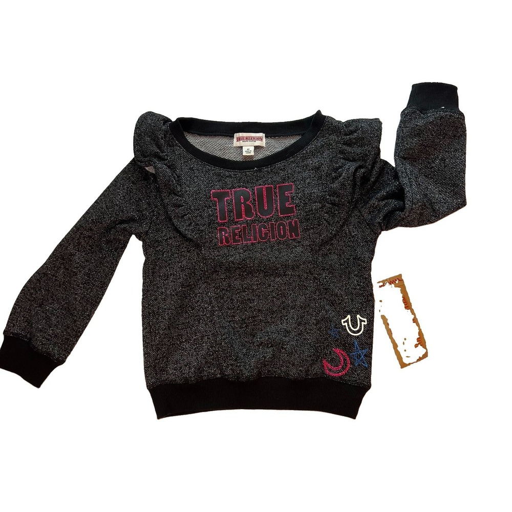 True Religion Girls Size 4T Sparkle Black Ruffle Graphic Sweatshirt